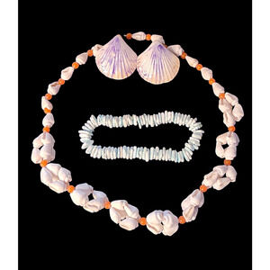 Three piece shell Necklace. Bracelet and pierced earrings.